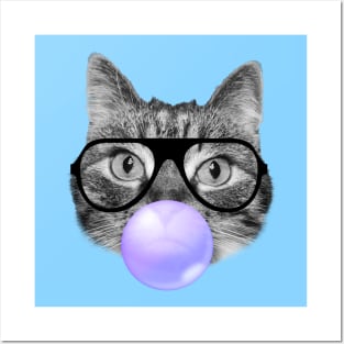 Funny cat blowing a purple bubble gum Posters and Art